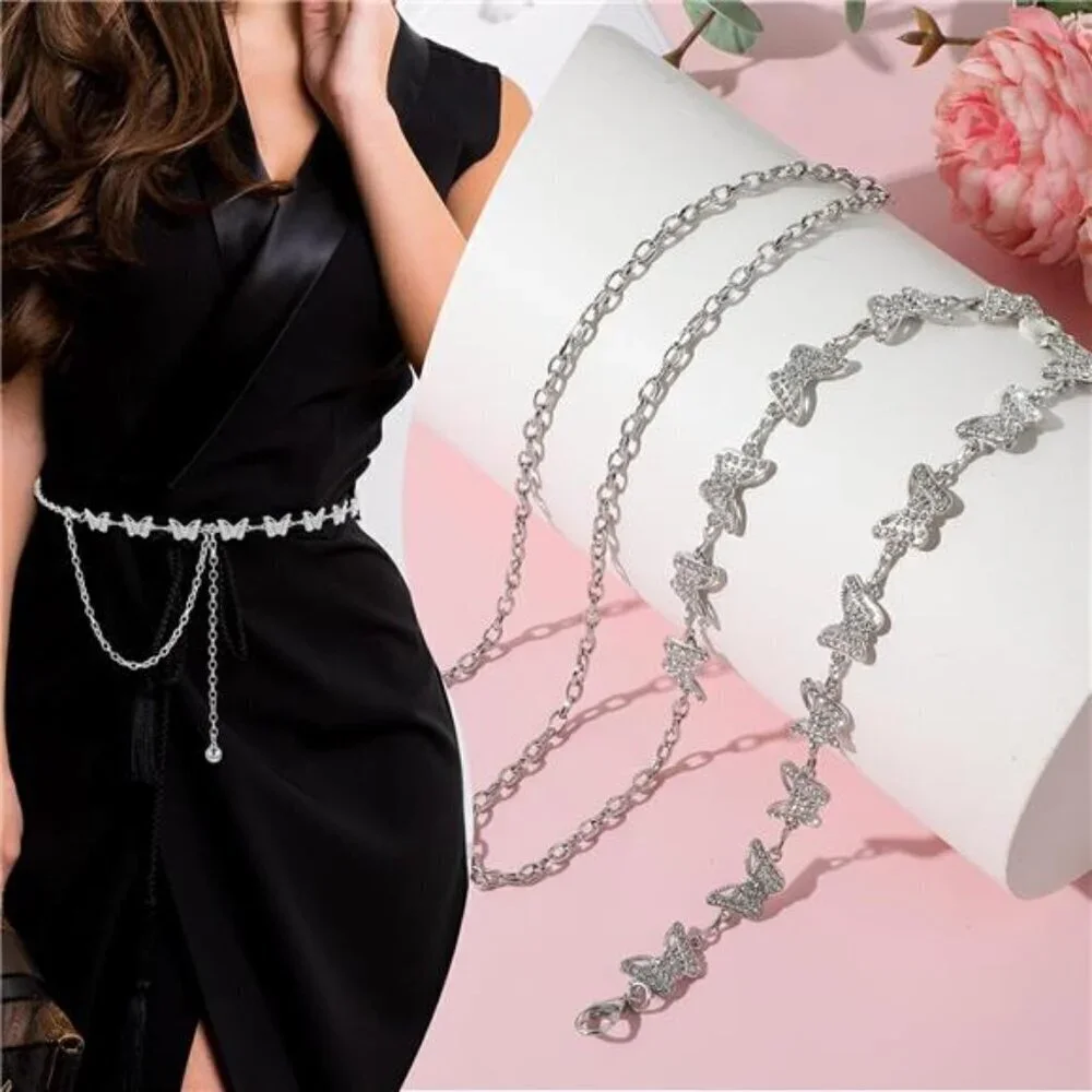 Silver Women Butterfly Waist Chain Belt Metal RhinestonesWaist Belts Women Dress